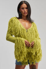 AT YOUR BEST FRINGE CARDIGAN IN CHARTREUSE