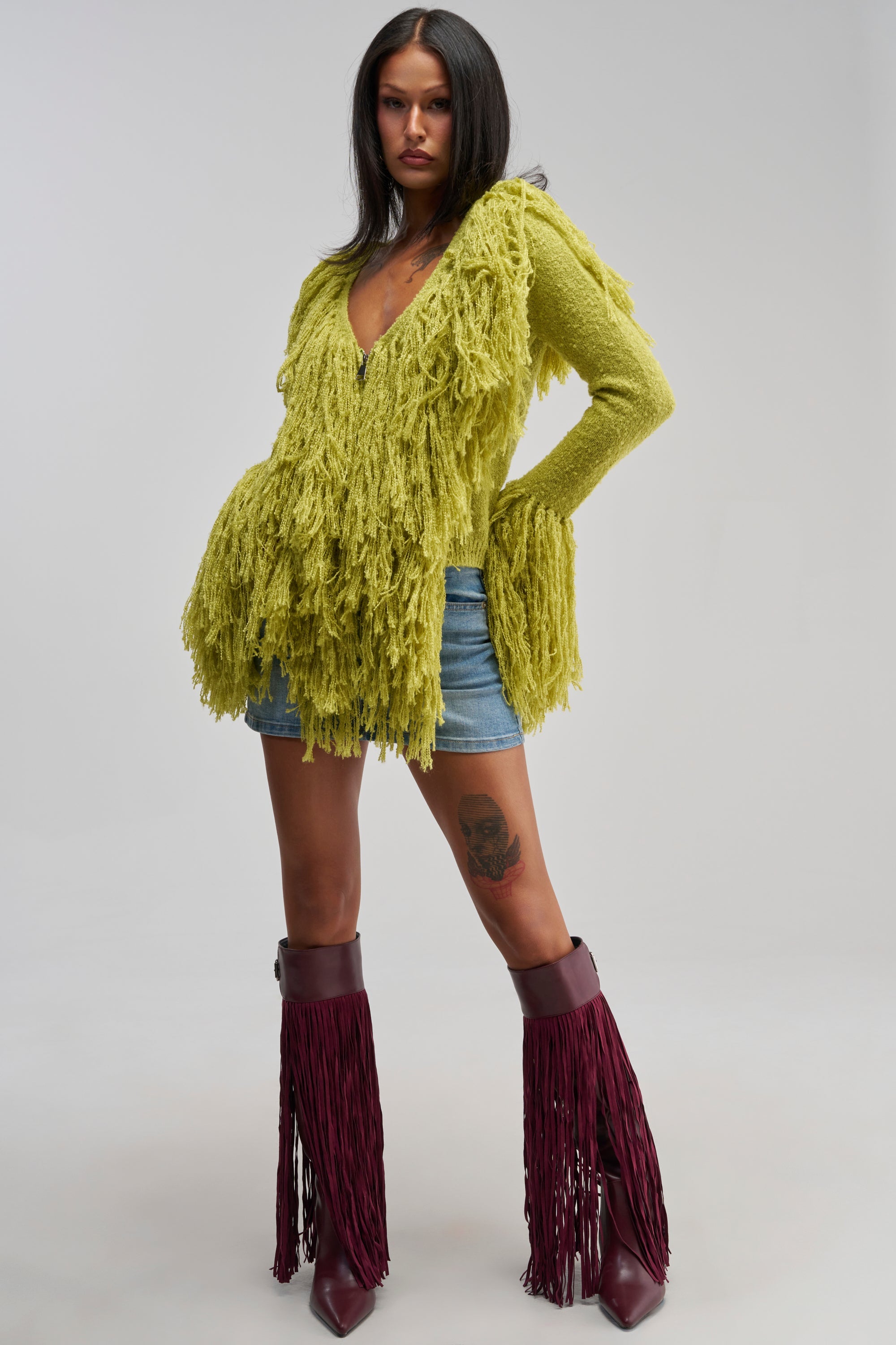 AT YOUR BEST FRINGE CARDIGAN IN CHARTREUSE