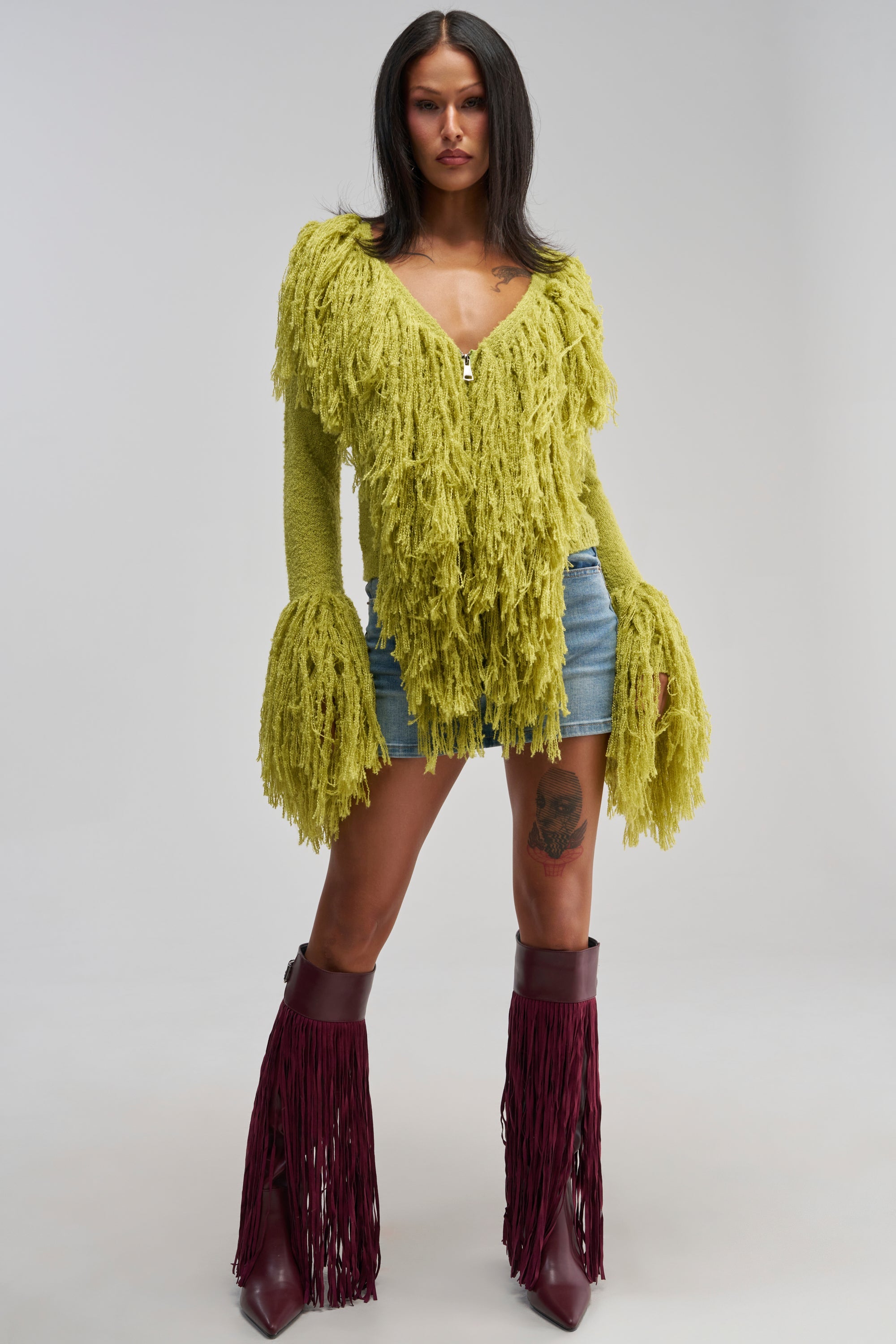 AT YOUR BEST FRINGE CARDIGAN IN CHARTREUSE