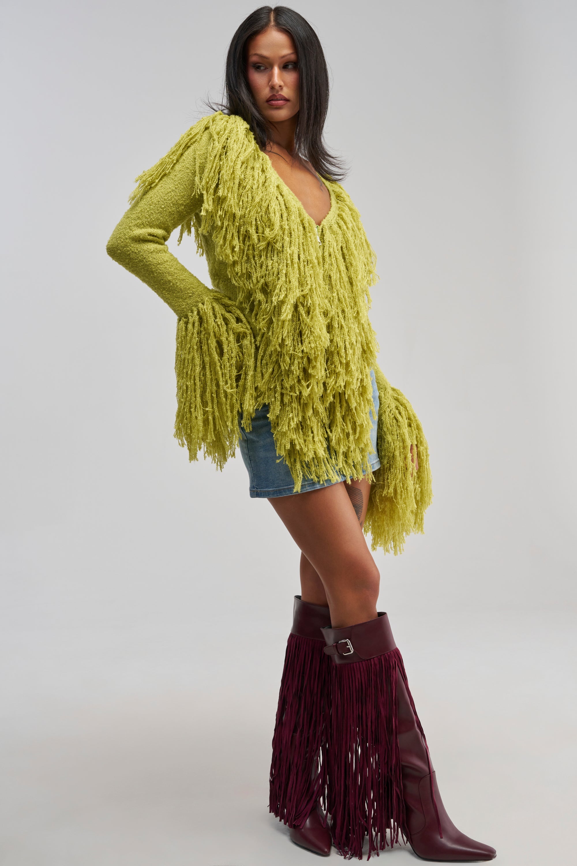 AT YOUR BEST FRINGE CARDIGAN IN CHARTREUSE