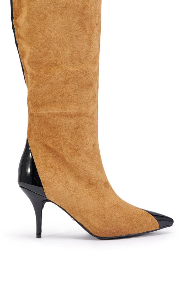 AZALEA WANG REINA TAN AND BLACK COLORBLOCKED STILETTO BOOT