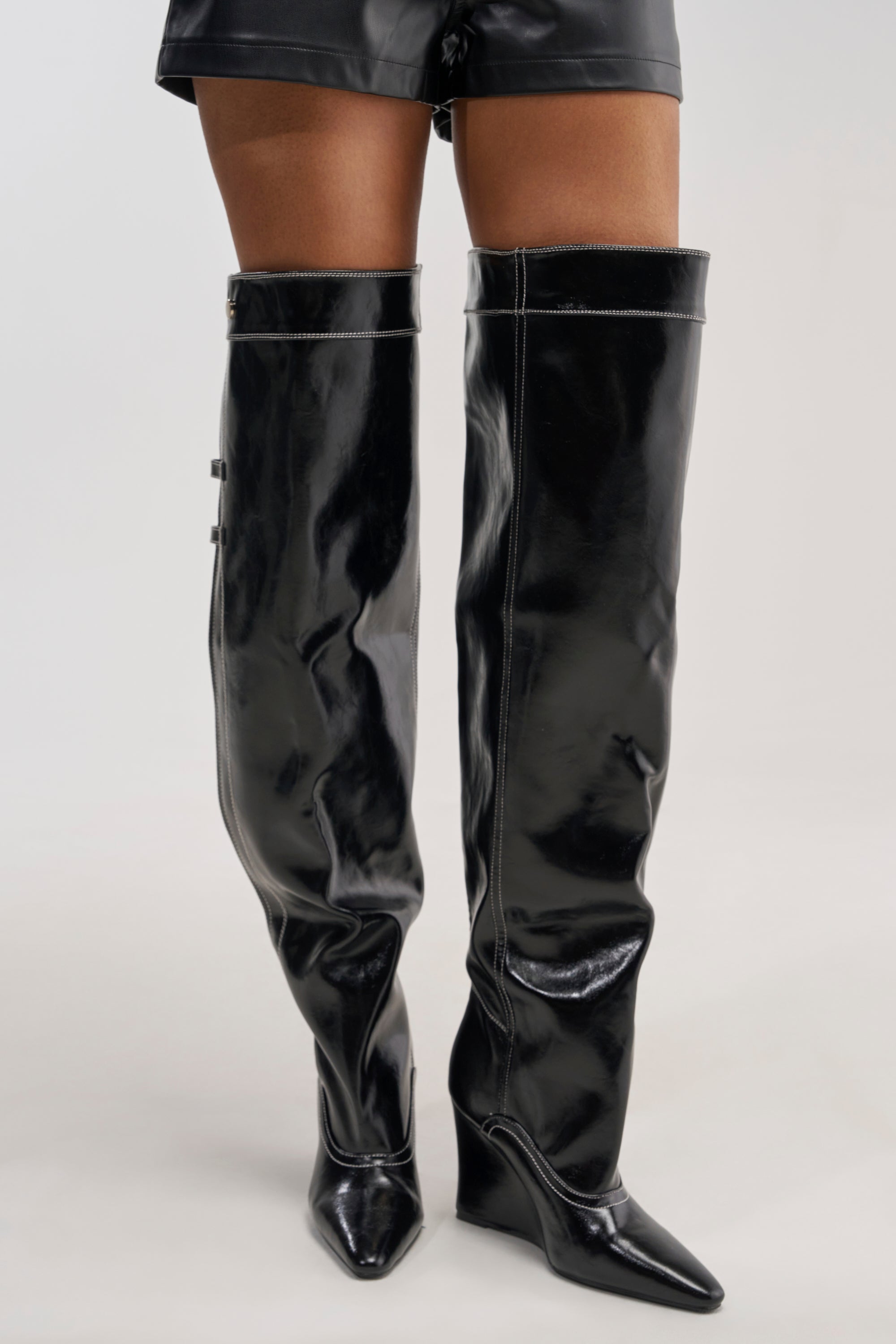 AZALEA WANG RILO BLACK PU OVER THE KNEE WEDGE BOOT