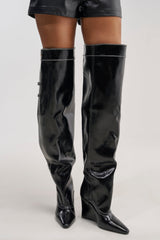 AZALEA WANG RILO BLACK PU OVER THE KNEE WEDGE BOOT