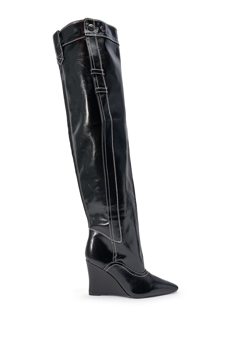 AZALEA WANG RILO BLACK PU OVER THE KNEE WEDGE BOOT