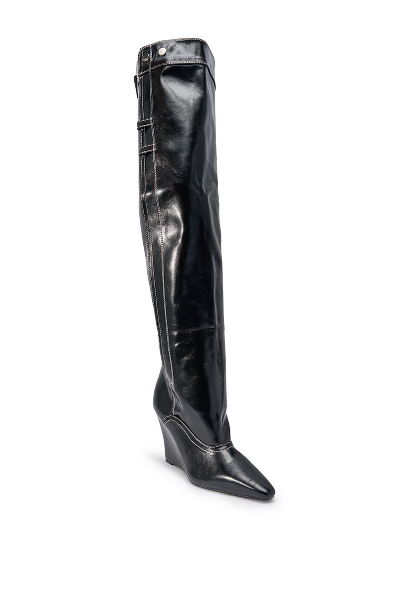 AZALEA WANG RILO BLACK PU OVER THE KNEE WEDGE BOOT