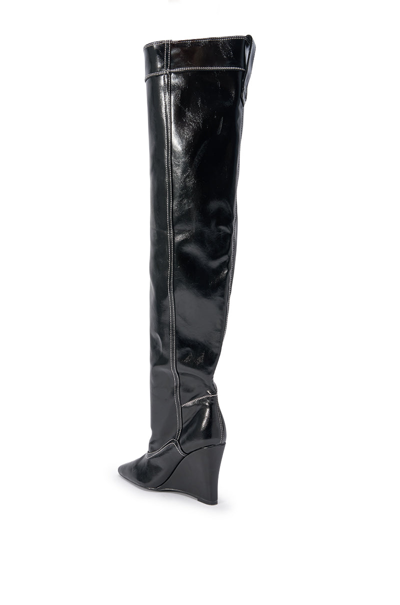 AZALEA WANG RILO BLACK PU OVER THE KNEE WEDGE BOOT