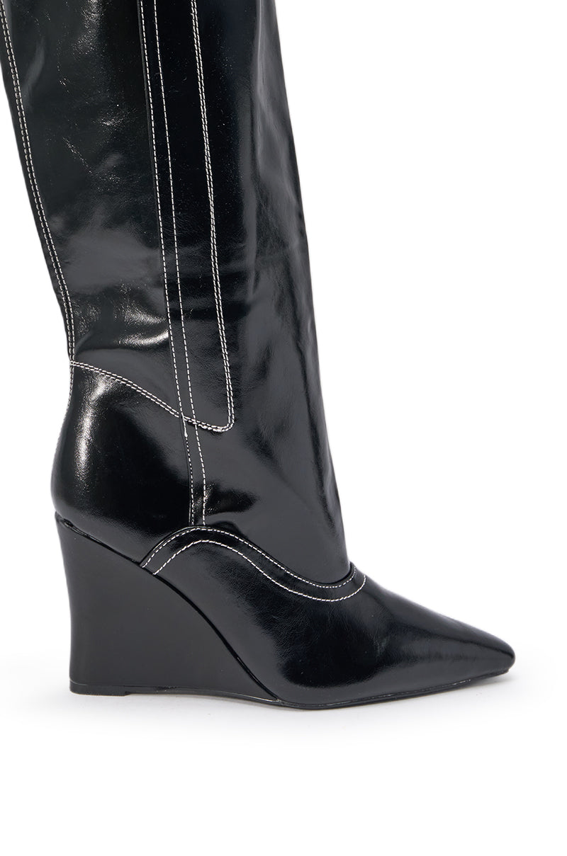 AZALEA WANG RILO BLACK PU OVER THE KNEE WEDGE BOOT