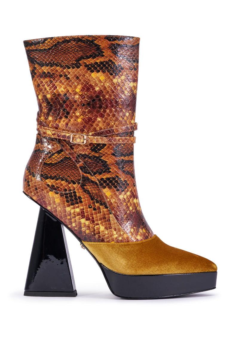 AZALEA WANG ROXANNE BROWN MULTI SNAKE BLOCK BOOTIE
