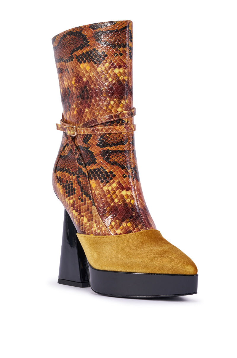 AZALEA WANG ROXANNE BROWN MULTI SNAKE BLOCK BOOTIE