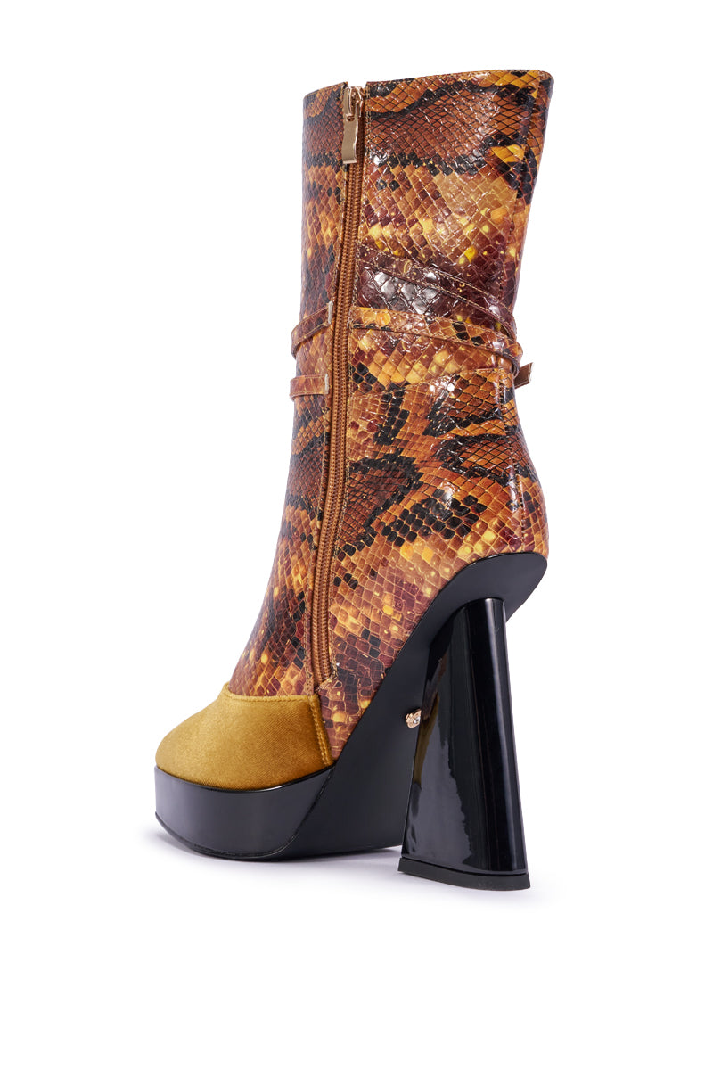 AZALEA WANG ROXANNE BROWN MULTI SNAKE BLOCK BOOTIE