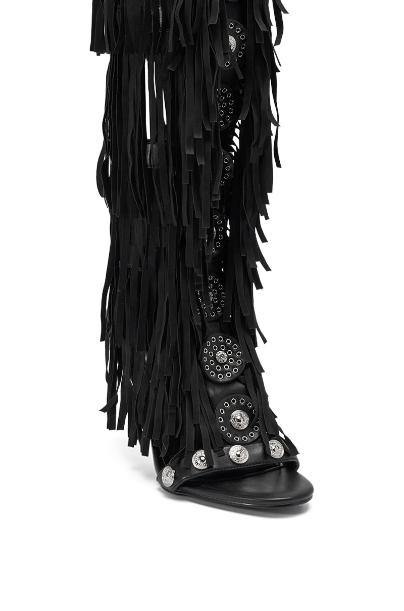 AZALEA WANG SAMEYANA BLACK FRINGE AND METAL STILETTO GLADIATOR SANDAL