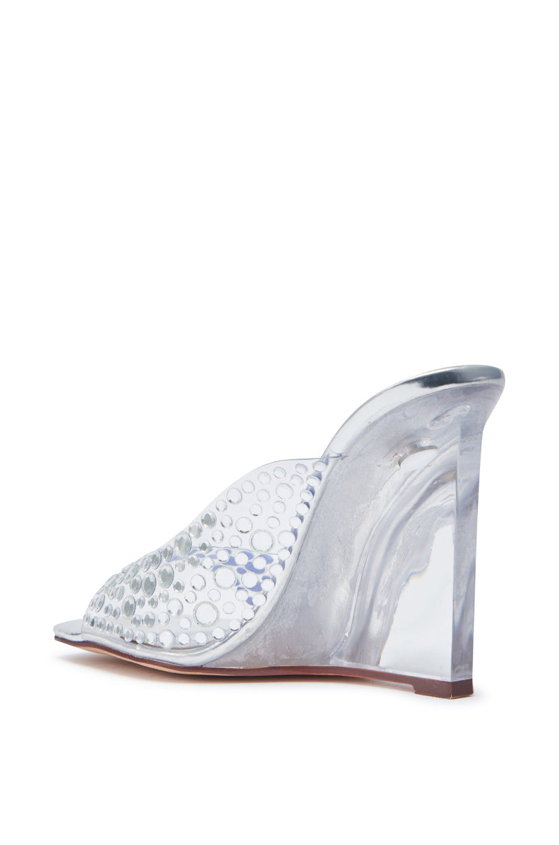 AZALEA WANG WIDYA SILVER RHINESTONE EMBELLISHED PVC WEDGE SANDAL
