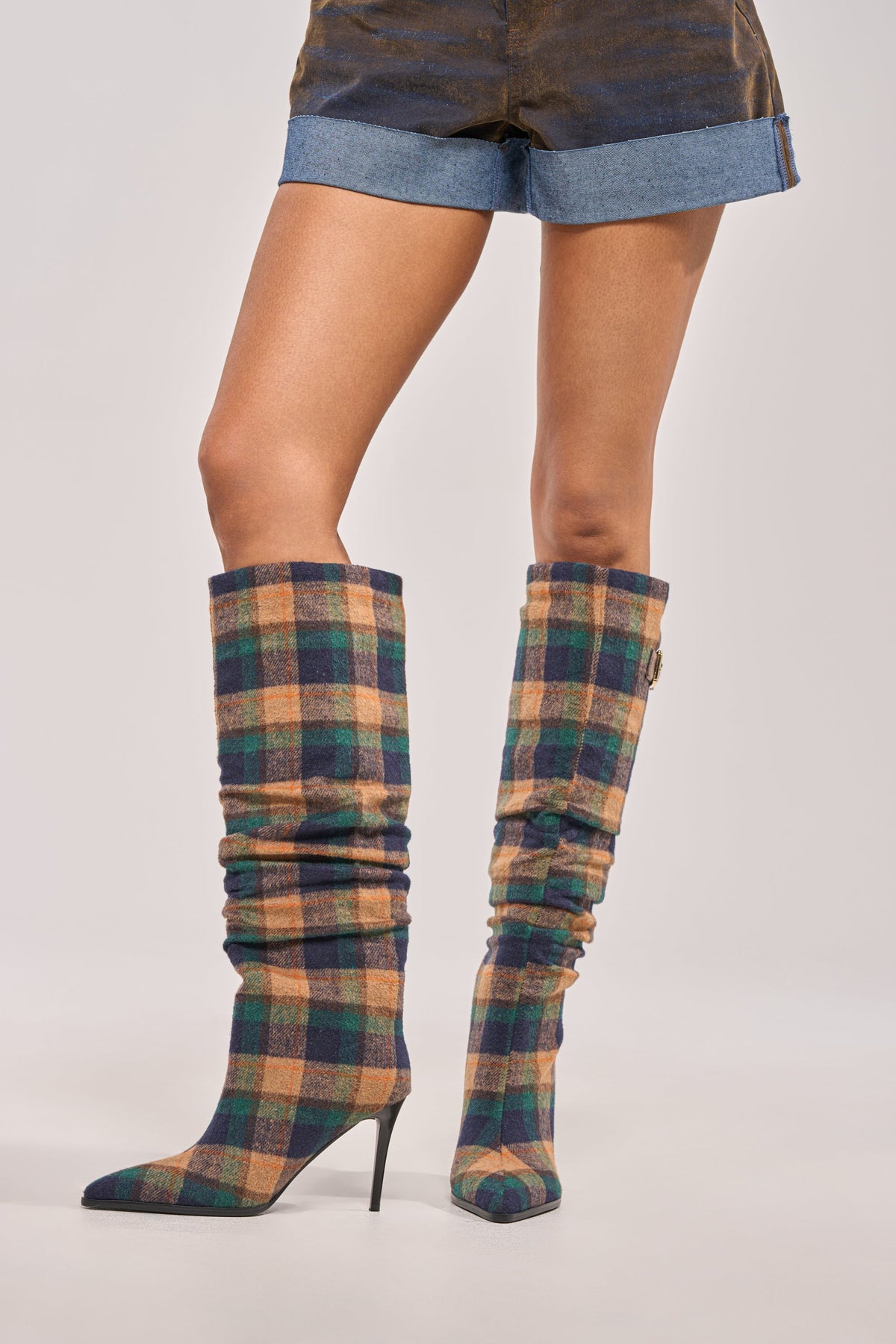 AZALEA WANG WISHBONE PLAID PRINT STILETTO BOOT