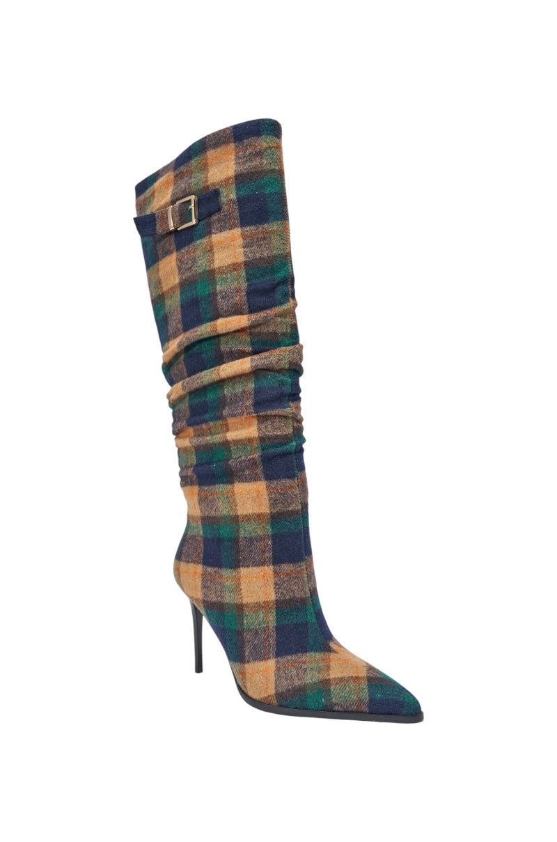 AZALEA WANG WISHBONE PLAID PRINT STILETTO BOOT