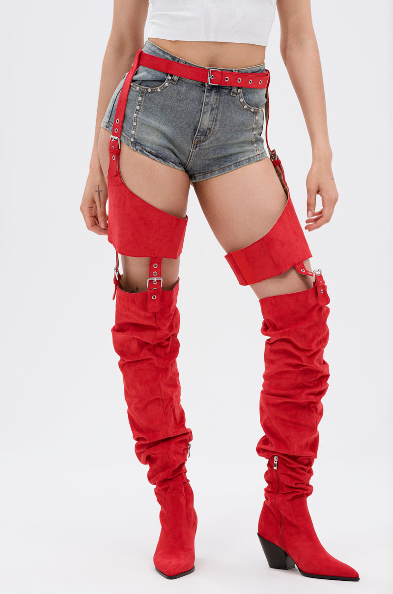 AZALEA WANG XOMARIA RED FAUX SUEDE WESTERN CHAP BOOT
