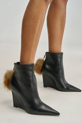 AZALEA WANG ZDENKA BLACK WEDGE BOOTIE WITH FUR POM POM