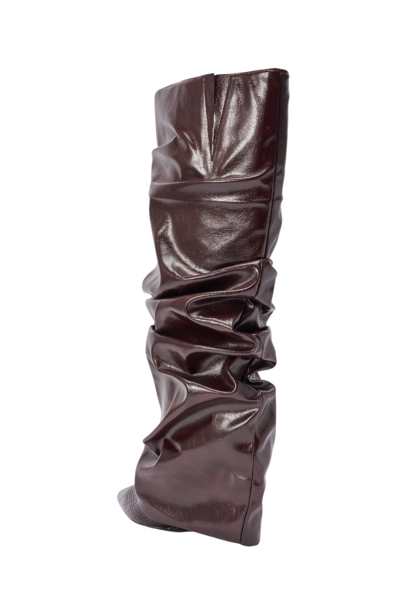 AZALEA WANG ZYLLA MAHOGANY WEDGE KNEE HIGH BOOT