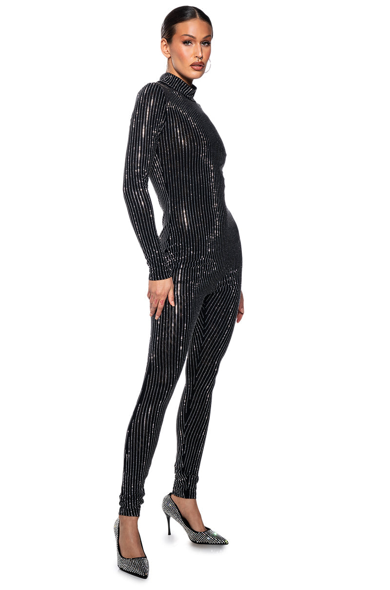 ALL ABOUT ME STRIPED RHINESTONE JUMPSUIT