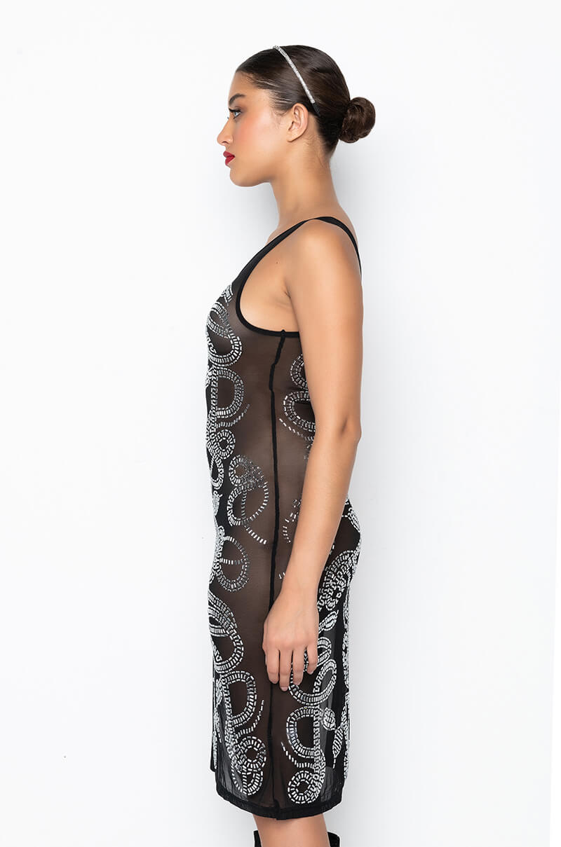 ALL THIS MESH ON ME RHINESTONE SNAKES MIDI DRESS