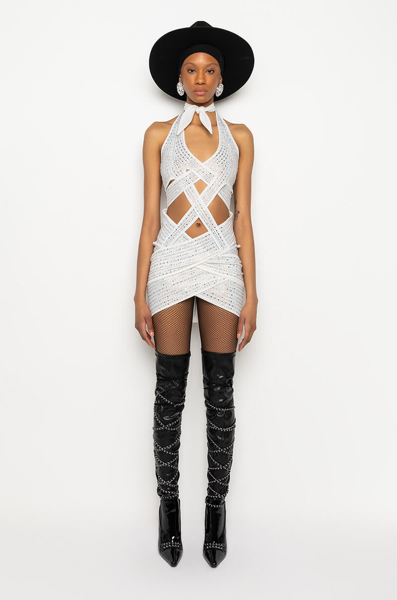 ALL WRAPPED UP RHINESTONE MINI DRESS