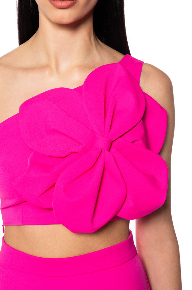 AZALEA ASYMMETRIC APPLIQUE CROP TOP IN PINK
