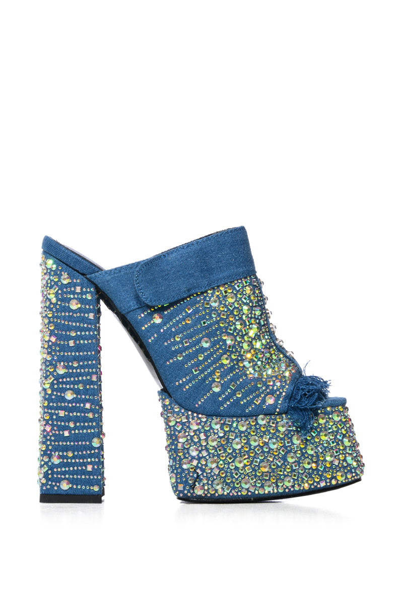 AZALEA WANG BALDY DENIM EMBELLISHED CHUNKY MULE