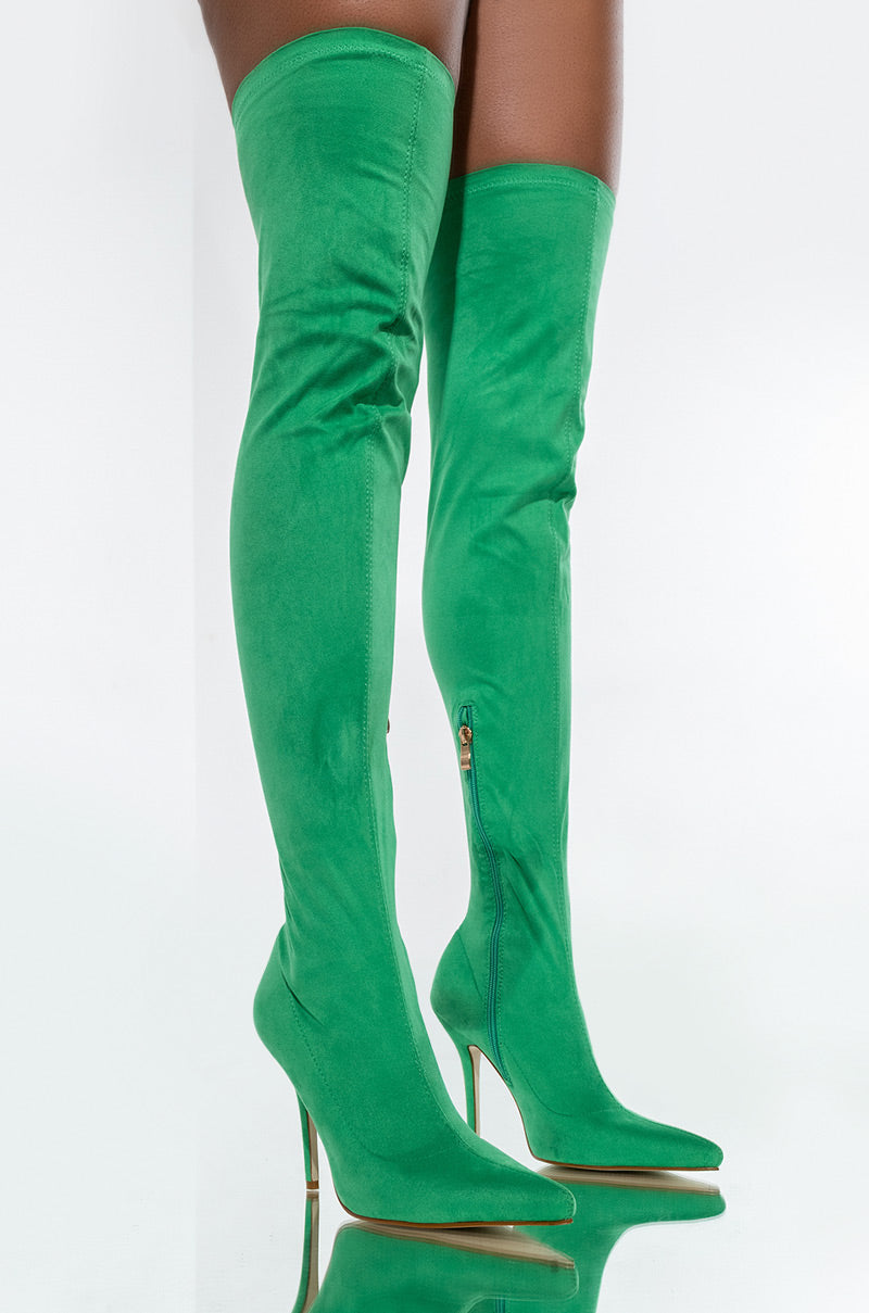 AZALEA WANG GOT ME STUCK TO YOU FITTED THIGH HIGH BOOT IN GREEN