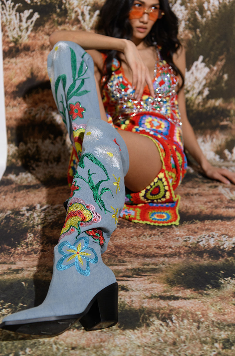 AZALEA WANG IZARA OVER THE KNEE BOOT IN DENIM