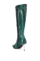 AZALEA WANG JACARANDA GREEN SNAKE EMBOSSED EMBELLISHED HEEL BOOT