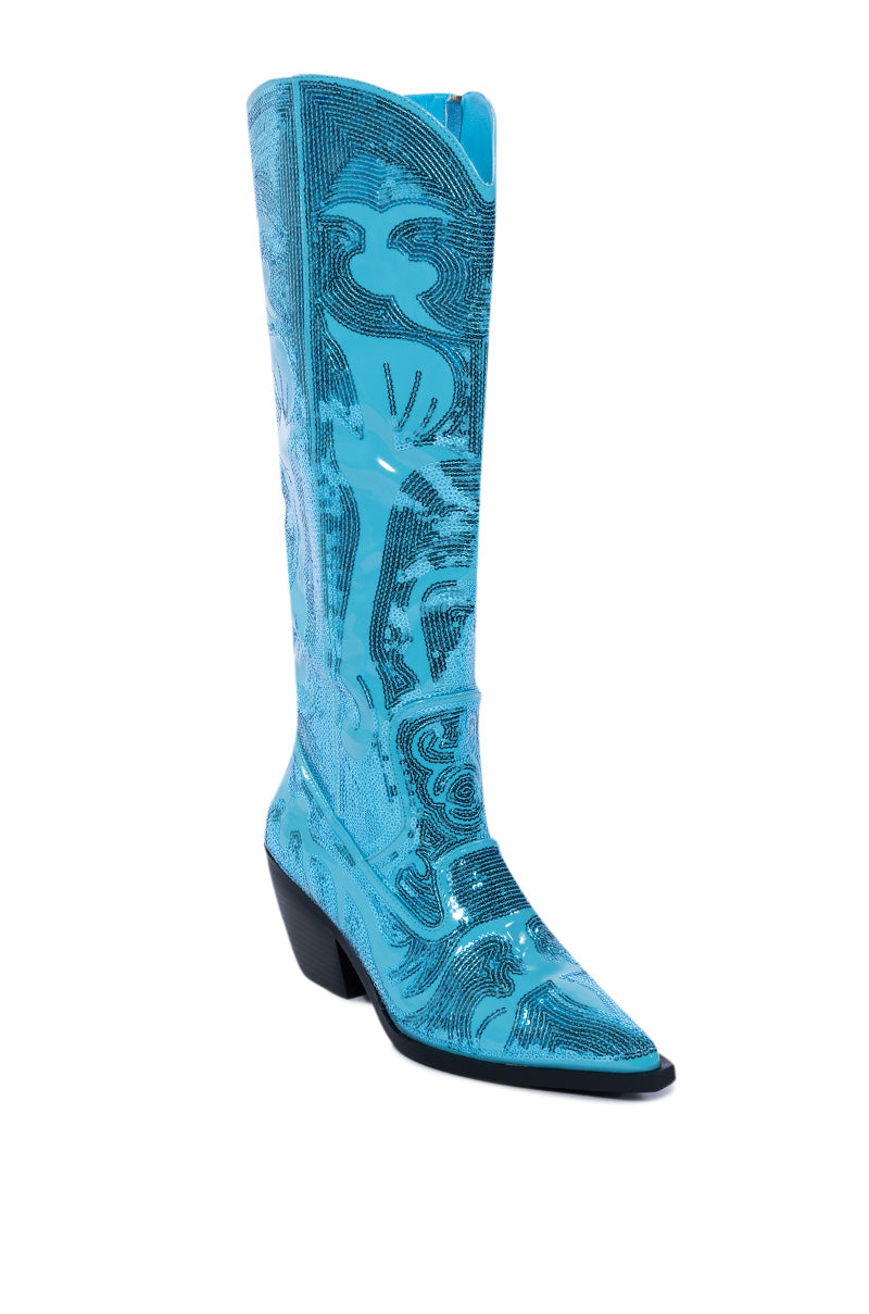AZALEA WANG BRAELYN EMBELLISHED BOOT IN BLUE