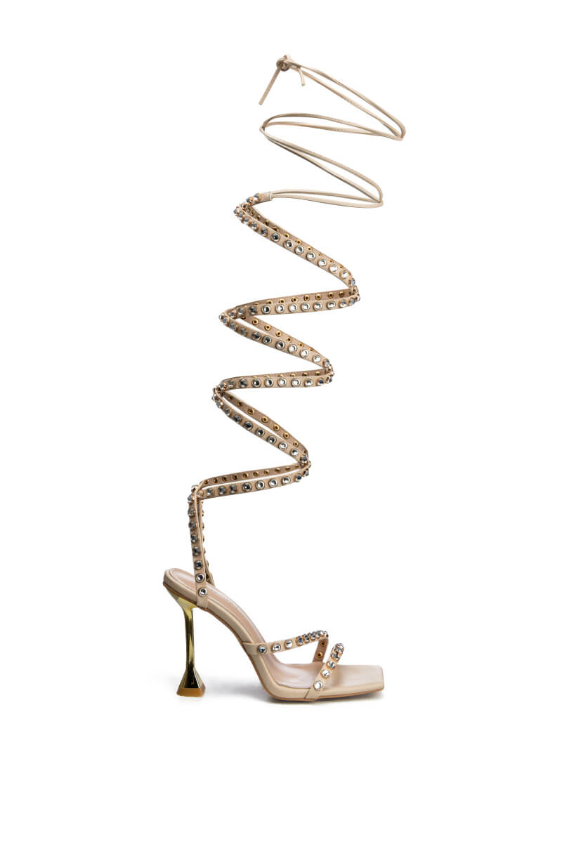 AZALEA WANG SANDY STRAP UP BLING CHUNKY HEEL IN BEIGE