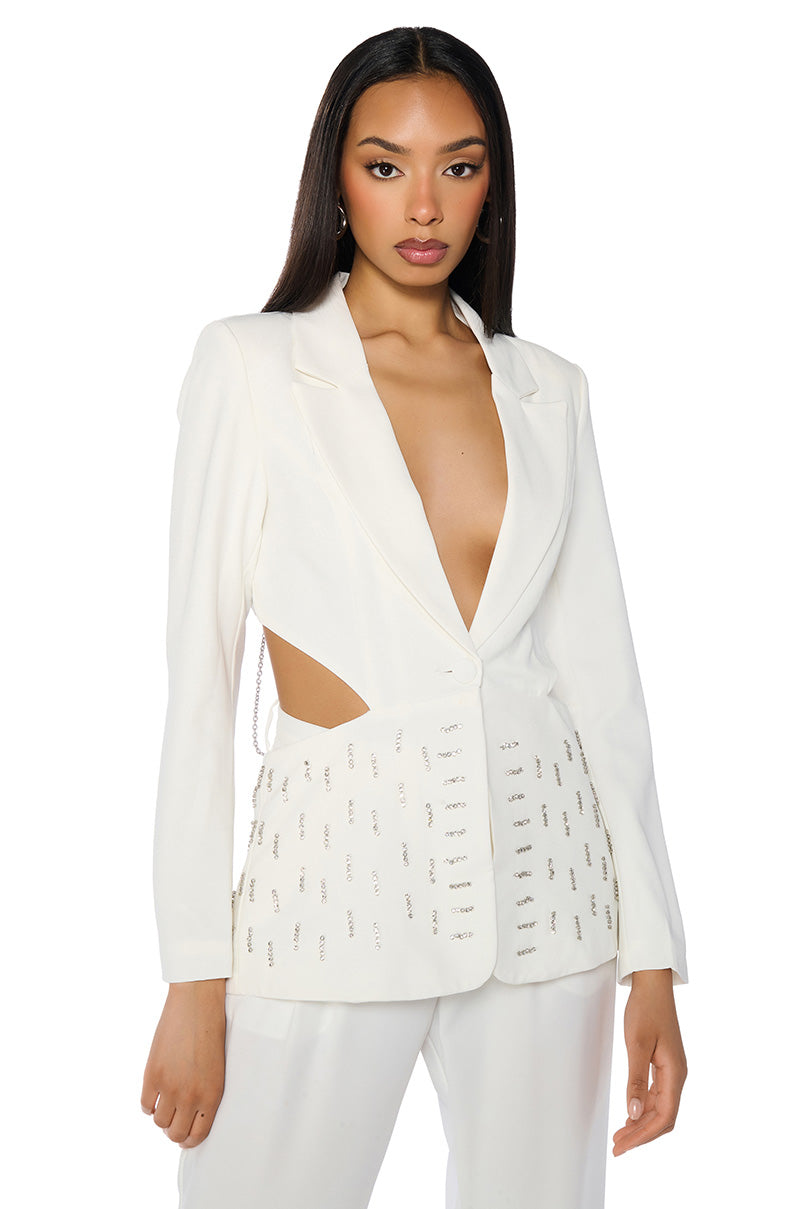 BACK CUT RHINESTONE BLAZER IN WHITE