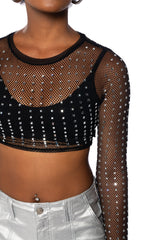 BEJEWELED LONG SLEEVE MESH TOP