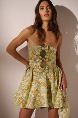 BELLE OF THE BALL BROCADE MINI DRESS IN GREEN MULTI