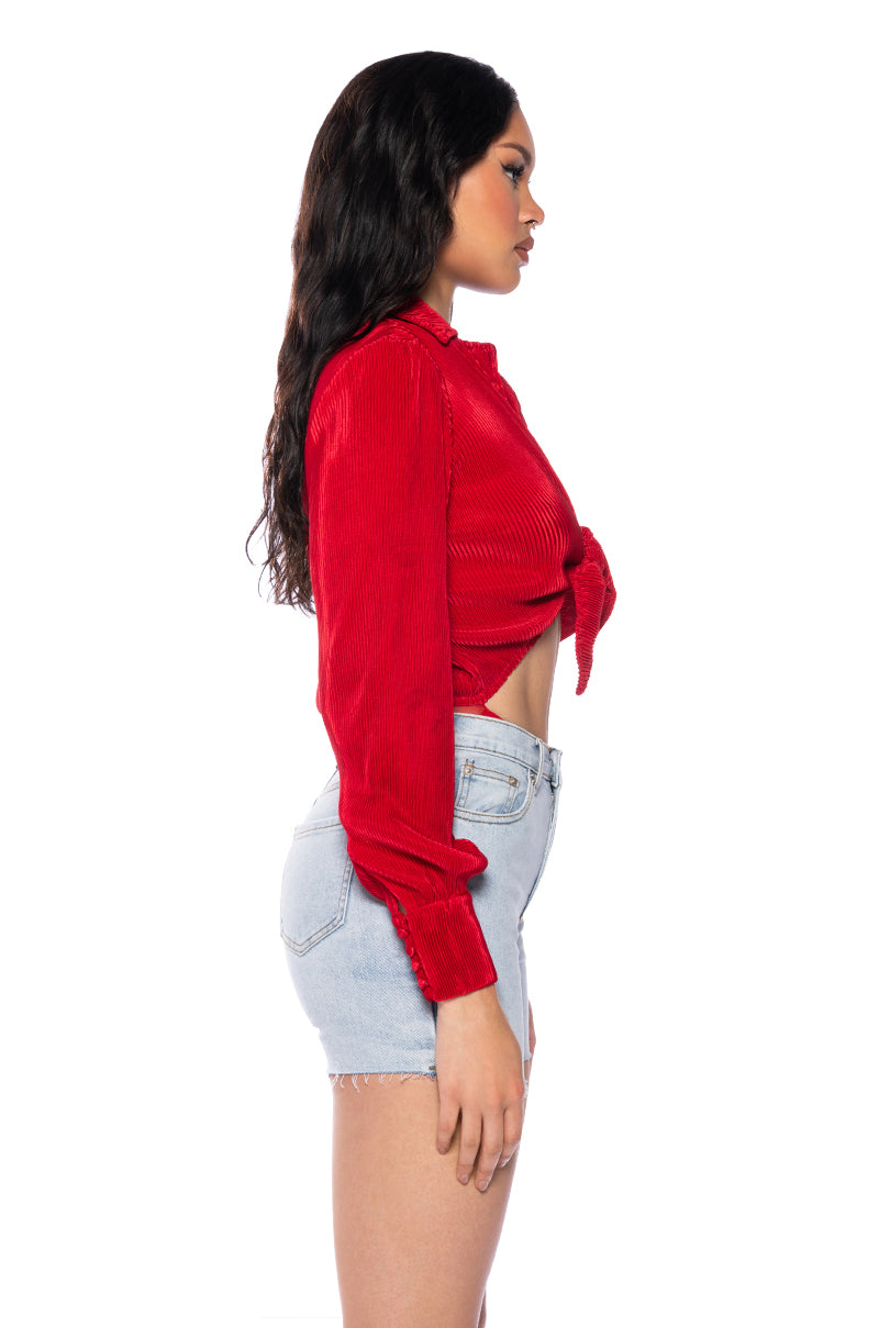 BETTER BELIEVE IT PLEATED TIE FRONT BODYSUIT