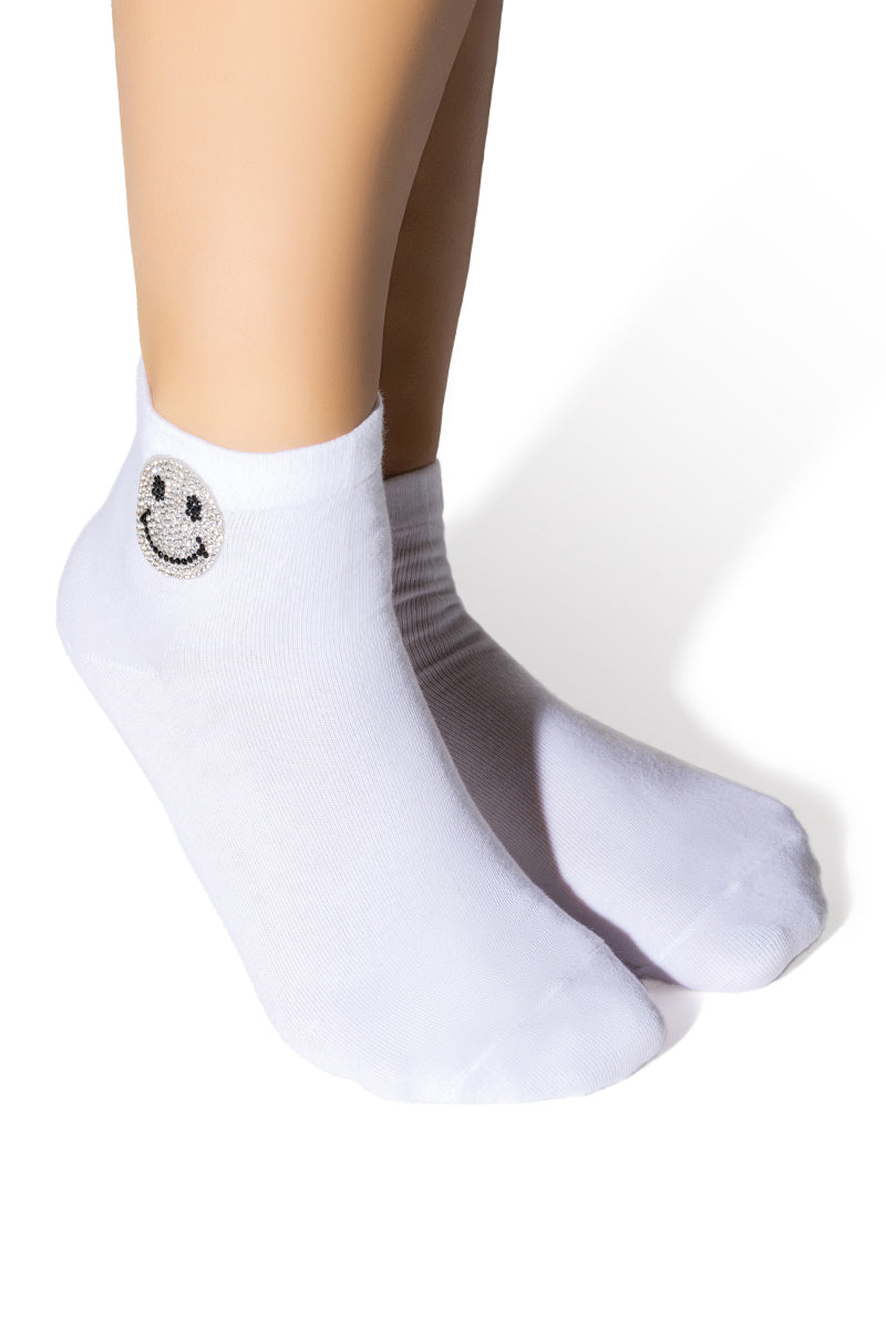 BLING SMILEY FACE SOCKS IN WHITE