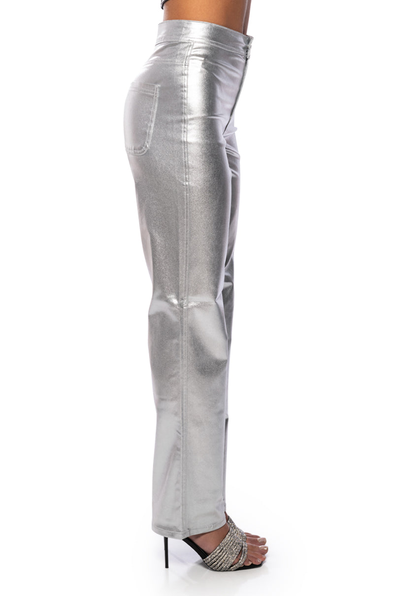 BORN TO SHINE METALLIC STRAIGHT LEG PANTS IN SILVER