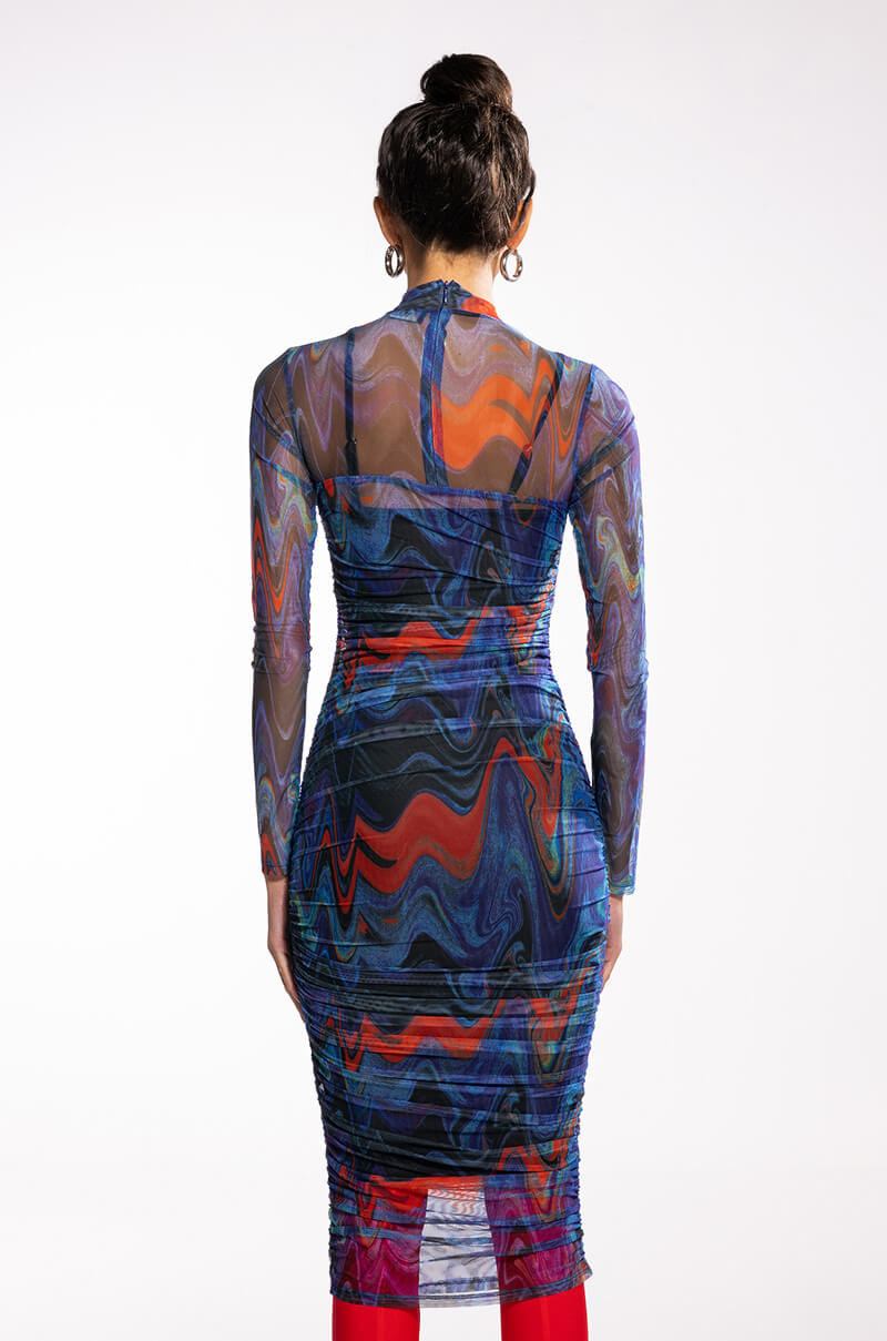 BREAK THE MOLD LONG SLEEVE RUCHED MESH MIDI DRESS