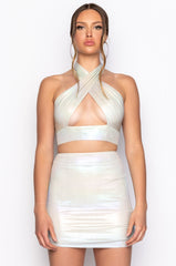 BUBBLE POP ELECTRIC HOLOGRAPHIC HALTER CROP TOP