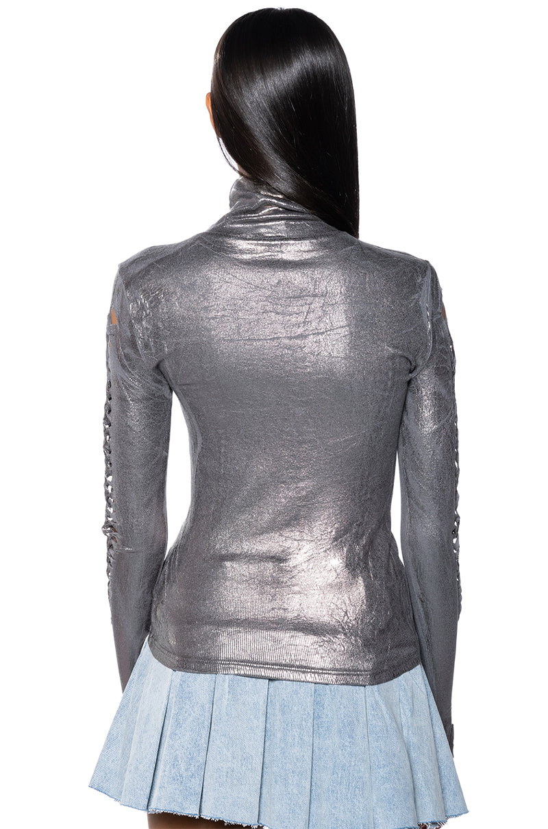 DISTRESSED METALLIC SHEEN TURTLENECK KNIT TOP