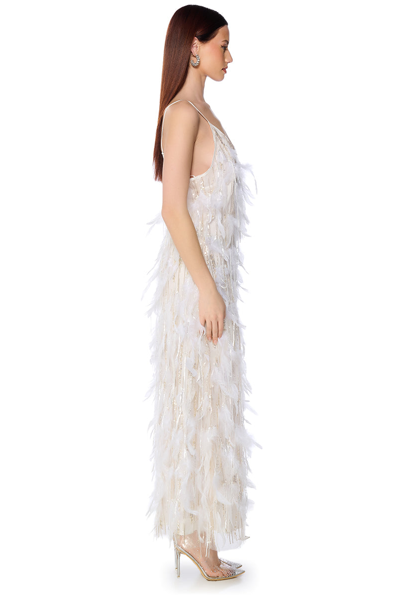DREAM GIRL FEATHER EMBELLISHED MAXI DRESS