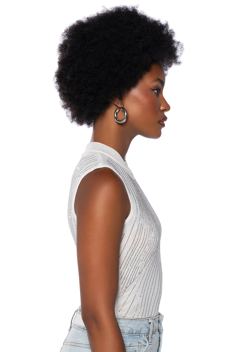 DIAMOND MESH MOCK NECK SLEEVELESS BODYSUIT